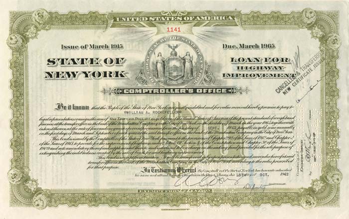 State of New York issued to (not signed) by Wm. A. Rockefeller